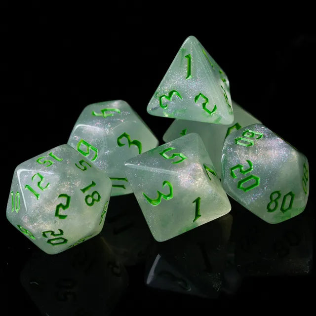 Acrylic White Glitter Dice with Green Numbers