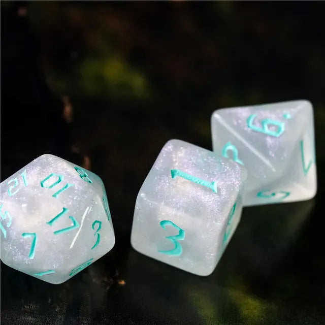 Acrylic White Glitter Dice with Turquoise Numbers