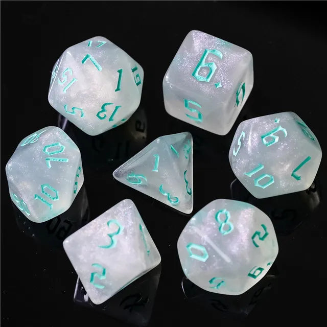 Acrylic White Glitter Dice with Turquoise Numbers