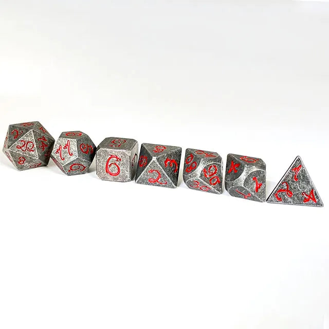 Old Dragon Metal Dice with Red Numbers