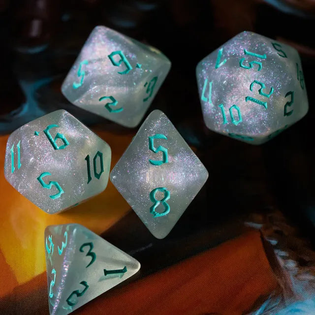 Acrylic White Glitter Dice with Turquoise Numbers