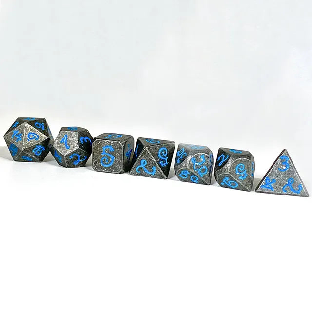 Old Dragon Metal Dice with Blue Numbers