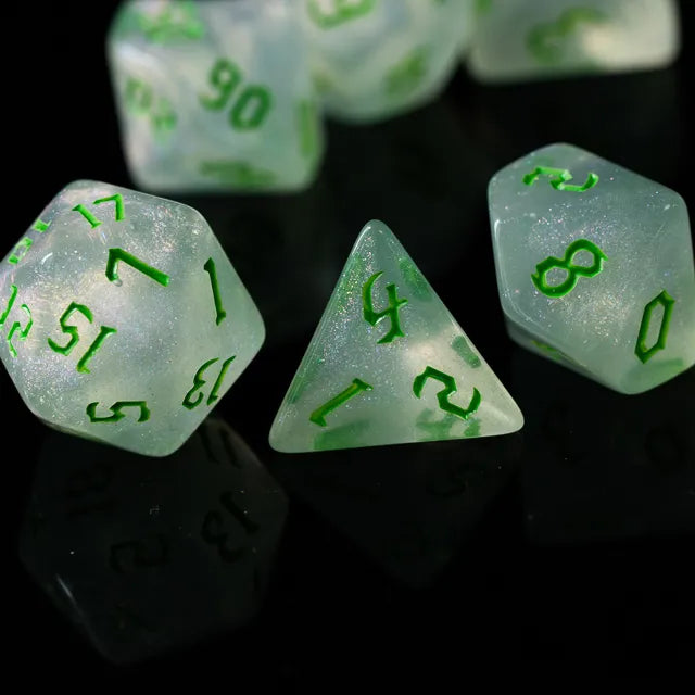 Acrylic White Glitter Dice with Green Numbers