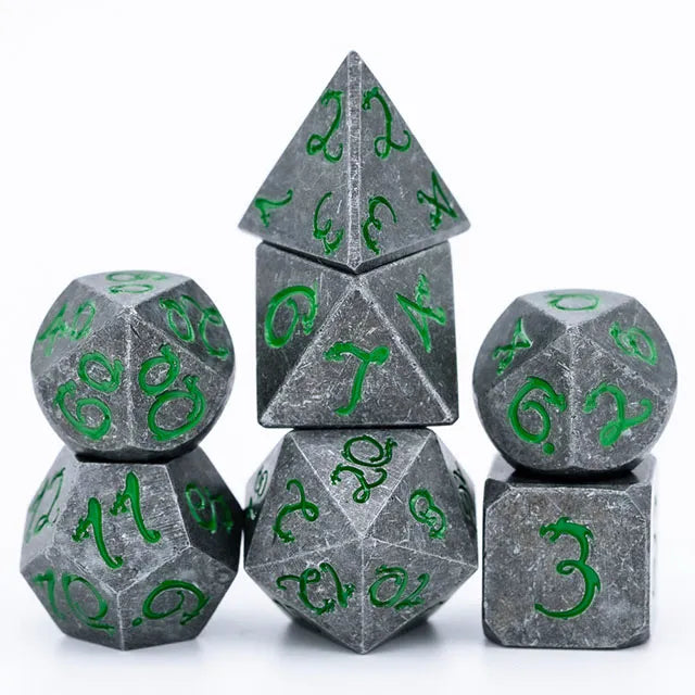 Old Dragon Metal Dice with Green Numbers