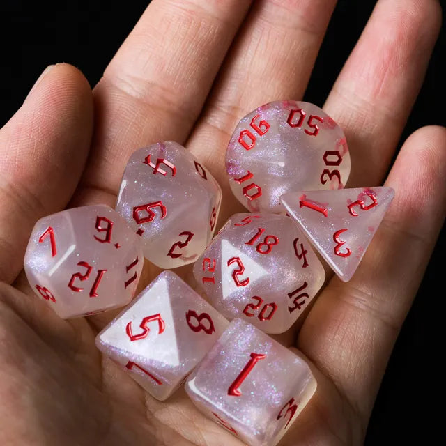 Acrylic White Glitter Dice with Red Numbers