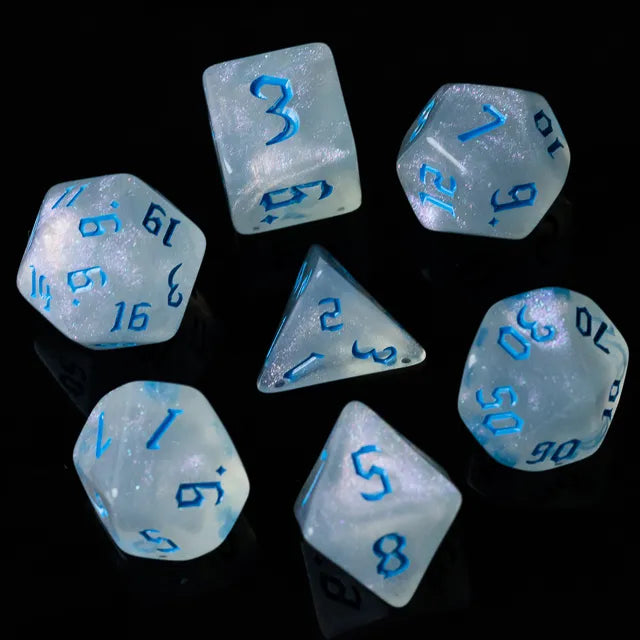 Acrylic White Glitter Dice with Blue Numbers