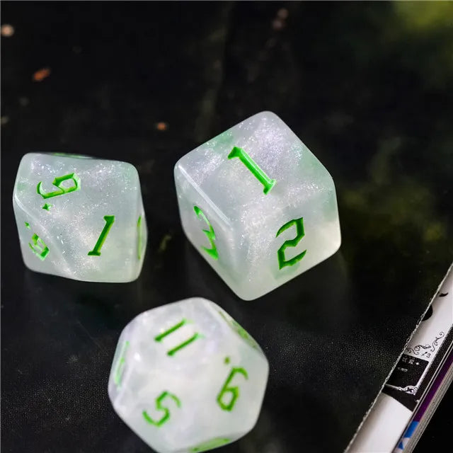 Acrylic White Glitter Dice with Green Numbers