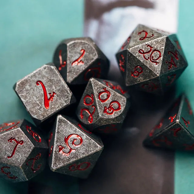 Old Dragon Metal Dice with Red Numbers