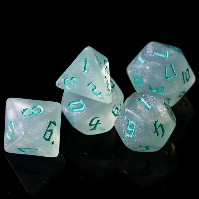 Acrylic White Glitter Dice with Turquoise Numbers