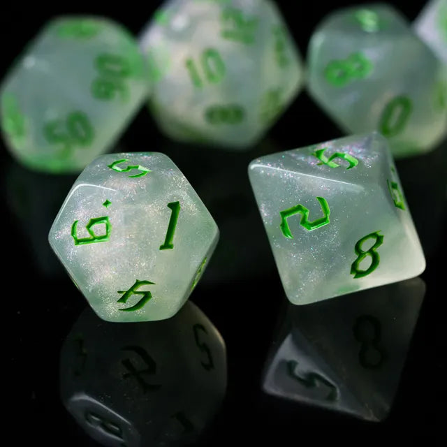 Acrylic White Glitter Dice with Green Numbers