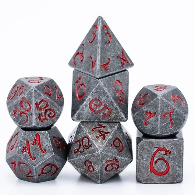 Old Dragon Metal Dice with Red Numbers
