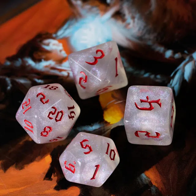 Acrylic White Glitter Dice with Red Numbers