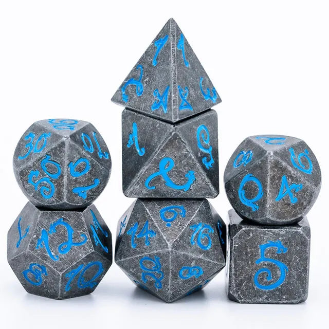 Old Dragon Metal Dice with Blue Numbers