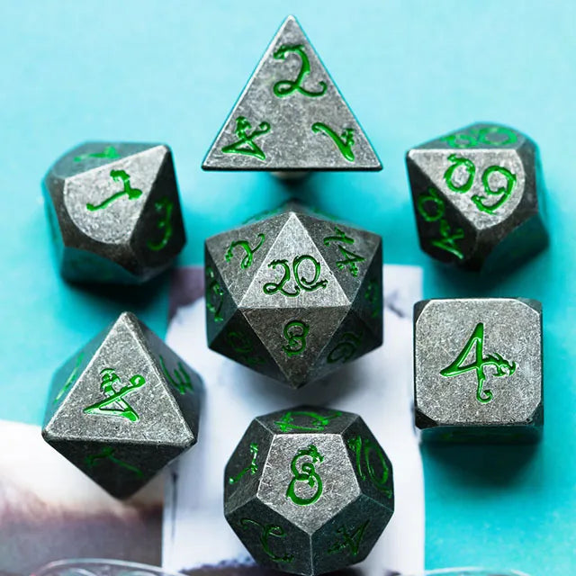 Old Dragon Metal Dice with Green Numbers
