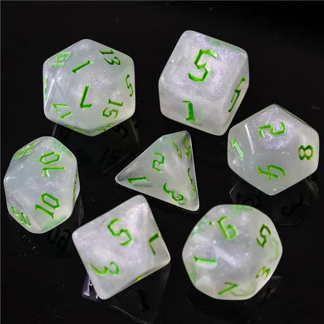 Acrylic White Glitter Dice with Green Numbers