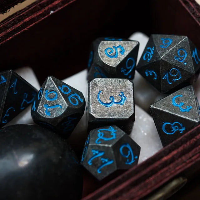 Old Dragon Metal Dice with Blue Numbers