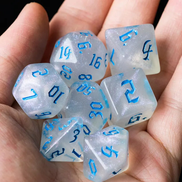 Acrylic White Glitter Dice with Blue Numbers