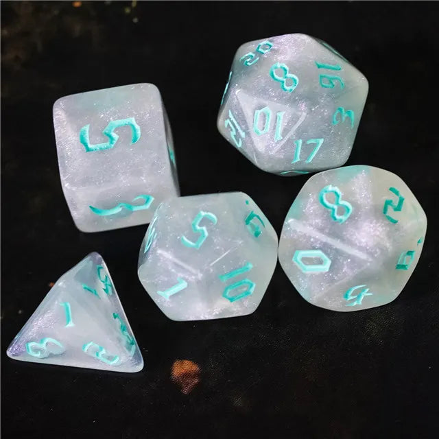 Acrylic White Glitter Dice with Turquoise Numbers